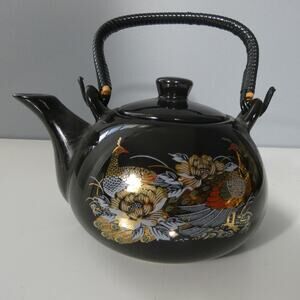 Vintage Chinese Tea Pot Peacock Design Black Gold Red 5" Porcelain